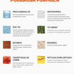 "PODEROSA FÓRMULA" is centered above nine ingredient descriptions with small images on a white background.