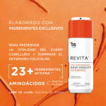 A white and orange bottle of "REVITA HIGH-PERFORMANCE HAIR DENSITY SHAMPOO" on an orange background with text.