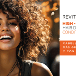 A smiling woman with curly brown hair next to text: "REVITA HIGH-PERFORMANCE HAIR DENSITY CONDITIONER".