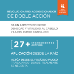 A teal and white graphic with text in Spanish, including "REVOLUCIONARIO ACONDICIONADOR DE DOBLE ACCIÓN."