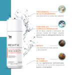 A white bottle of "REVITA HIGH-PERFORMANCE HAIR DENSITY CONDITIONER" with water splashing and Spanish text descriptions.