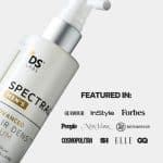 A white "DS Labs Spectral Men's" hair serum bottle and "FEATURED IN:" with magazine logos.