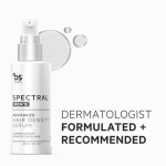 A white bottle of "DS LABS SPECTRAL MEN'S ADVANCED HAIR DENSITY SERUM" with "DERMATOLOGIST FORMULATED + RECOMMENDED" text.
